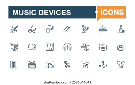 Set of Music Devices line icons. Includes thin line microphone, maracas, key, sound, Instrument, trumpet, dj, flute and more. Minimal icon. Editable stroke. Vector illustration.