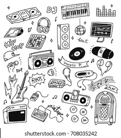 Conjunto de música doodle isolado no fundo branco