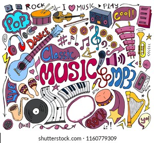 Set of Music doodle vector. Creative colour art hand draw illustration on white