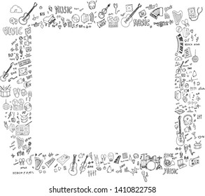Set of Music Drawing illustration Hand drawn doodle Sketch line vector collected in a border