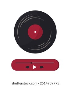 Conjunto de Elementos de música. Disco vinilo negro. Equipamiento para la creatividad y el arte. Canciones, melodías y listas de reproducción favoritas. Plantilla y maquetación. Ilustración vectorial plana aislada sobre fondo blanco