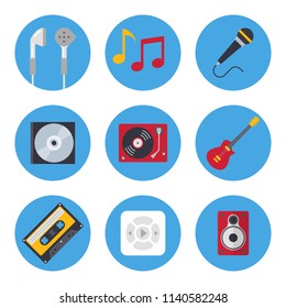 Set of music elements icons in flat style on blue background. Collection of headphones, notes, Microphone, Disk, Vinyl record player, Guitar, Audio cassette, security checkpoint vector illustration