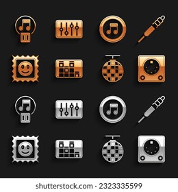 Set Music equalizer, Audio jack, Drum machine, Disco ball, LSD acid mark, note, tone, Pause button and Sound mixer controller icon. Vector