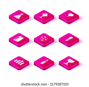 Set Music equalizer, Birthday cake candles, Beer, note, tone, Cocktail, Microphone, Balloon in form of heart and Ice cream bowl icon. Vector