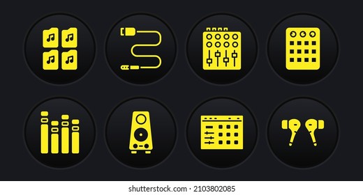 Set Music equalizer, Drum machine, Stereo speaker, Sound mixer controller, Audio jack,  headphones and file document icon. Vector