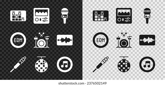 Set Music equalizer, Drum machine, Microphone, Audio jack, Disco ball, note, tone, EDM electronic dance music and Drums icon. Vector
