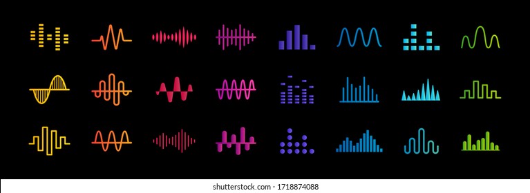 Set of music equalizer icons, sound waves lines, rate and  chart bar symbols collection, heart pulse medical sign, vector illustration