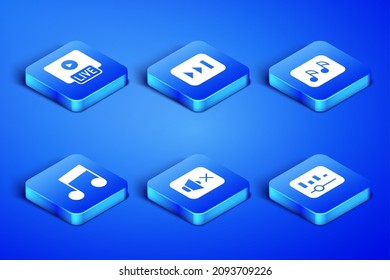 Set Music equalizer, Live stream, Speaker mute, note, tone, Fast forward and  icon. Vector