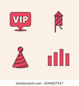 Definir equalizador de Música, Localização Vip, foguete Firework e ícone de chapéu de festa. Vetor