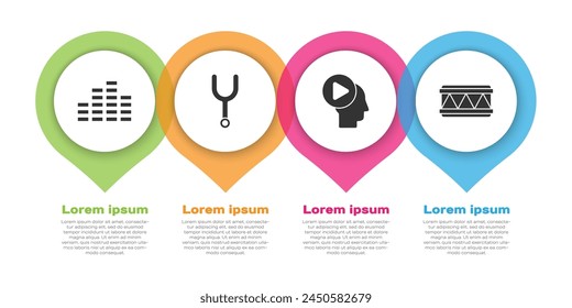 Set Music equalizer, Musical tuning fork, Head people with play button and Drum. Business infographic template. Vector