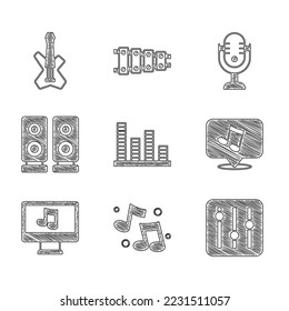 Set Music equalizer, note, tone, Sound mixer controller, Computer with music, Stereo speaker, Microphone and Electric bass guitar icon. Vector