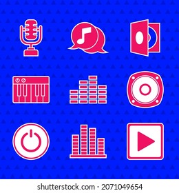 Set Music equalizer, Play in square, Stereo speaker, Power button, synthesizer, Vinyl player with vinyl disk and Microphone icon. Vector