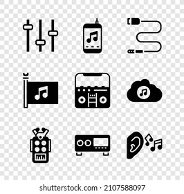 Set Music equalizer, player, Audio jack, Microphone, Guitar amplifier, Ear listen sound signal, festival flag and Home stereo with speakers icon. Vector
