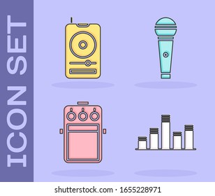 Set Music equalizer, Music player, Guitar pedal and Microphone icon. Vector