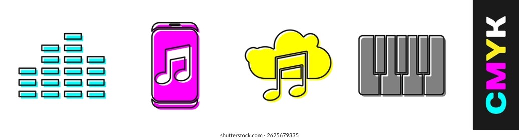 Set Music equalizer, Music player, Music streaming service and Music synthesizer icon. Vector