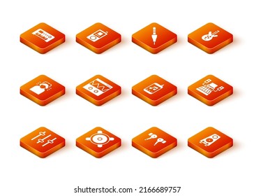 Set Music Equalizer, Stereo Speaker, Man In Headphones, Oscilloscope, Air, Player,  And Recording Studio Icon. Vector