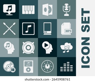 Set Music equalizer, serviço de streaming, documento de arquivo MP3, player de vinil com disco de vinil, nota, Tom, bastões de tambor, balão de fala musical e ícone de assistente de voz. Vetor