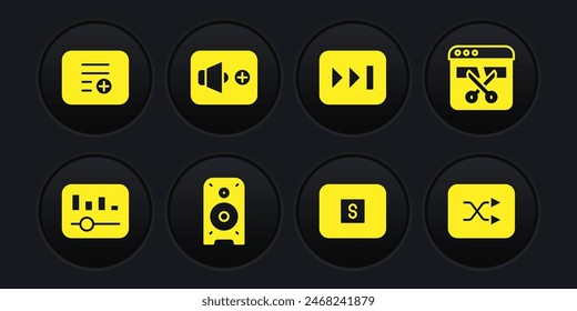 Set Music equalizer, Video recorder or editor, Stereo speaker, Stop media button, Fast forward, Speaker volume, Arrow shuffle and Add playlist icon. Vector