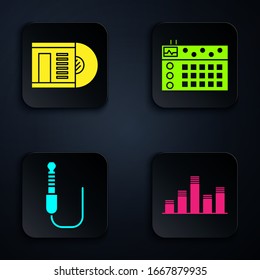 Set Music equalizer, Vinyl disk, Audio jack and Drum machine. Black square button. Vector