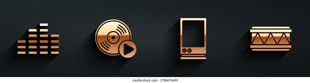 Set Music equalizer, Vinyl disk, Voice assistant and Drum icon with long shadow. Vector