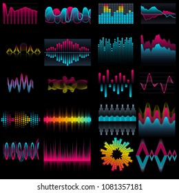 Set of music equalizer waves design template signal visualization illustration. Colorful light audio signal.