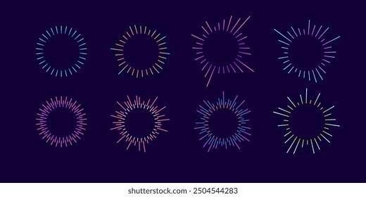 Set of music equalizers and circular sound waves. Vector gradient icons of music symbols, radial spectrums