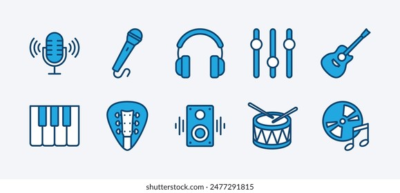 Set of music equipment icon. Containing microphone, headphone, guitar pick, control panel or equalizer, piano, speaker, drum, recording disc. Vector illustration
