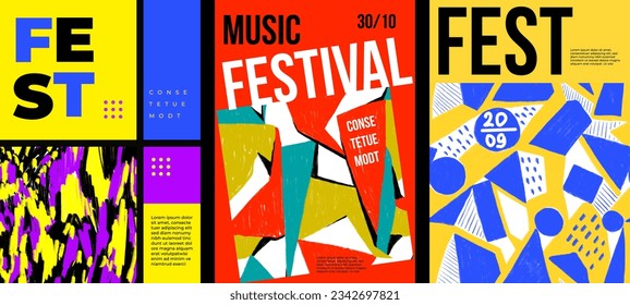 Set of music fest poster templates with groovy geometric pattern. Banner with abstract geometric pattern with colorful hand drawn blocks. Chalk drawing. Retro texture. Festival placard with typography