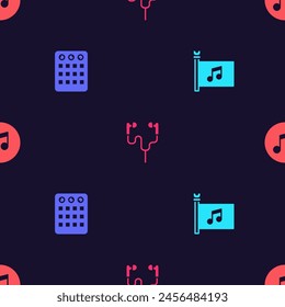 Set Music festival flag, Drum machine, Air headphones and note, tone on seamless pattern. Vector