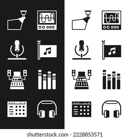 Set Music festival flag, Microphone, Movie spotlight, Oscilloscope, recording studio, equalizer, Headphones and Drum machine icon. Vector