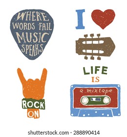 set of music hand drawn typography posters, emblems and quotes. artworks for wear. vector inspirational illustration