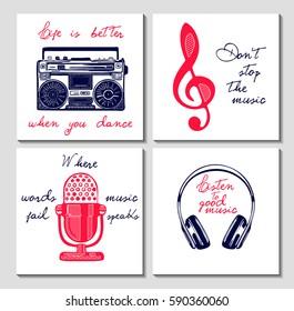 Set of music hand drawn typography cards with quotes.