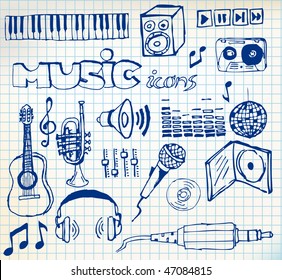 Set of music hand-drawn icons on squared paper (vector)