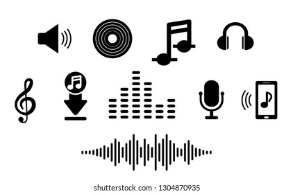 Set Music Icon In Flat. For Smart Phone App To Listen And Download Songs. Music Notes, Microphone, Headphones, Treble Clef, Boot, Phone, Wave.