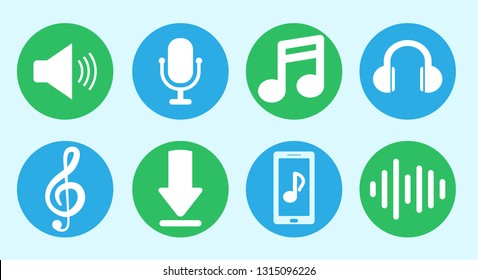 Set music icon in flat. For smart phone app to listen and download songs. Music notes, microphone, headphones, treble clef, boot, phone, wave.