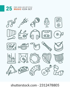 Set of Music Icon Line Art Style. Musical instrument, Microphone, Headphones, Tape.