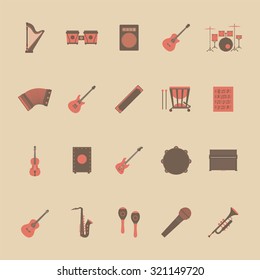 set of music icon, rock, acoustic, classical music, flat and retro style