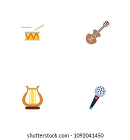 Set of music icons flat style symbols with drum, microphone, harp and other icons for your web mobile app logo design.