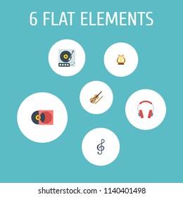 Set of music icons flat style symbols with headphones, gramophone, treble clef and other icons for your web mobile app logo design.