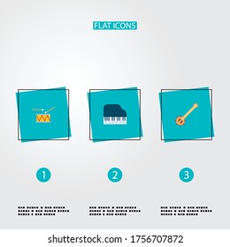 Set of music icons flat style symbols with drum, piano keys, string instrument and other icons for your web mobile app logo design.