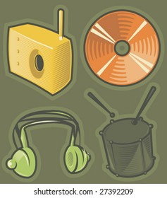 Set of music icons. Hatched in style of engraving. Vector illustration.