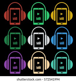 Set of music icons - headphones with player. Flat concept. Minimal design. Vector illustration