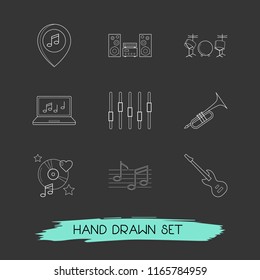 Set of music icons line style symbols with drum kit, musical note, favorite song and other icons for your web mobile app logo design.