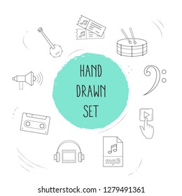 Set of music icons line style symbols with music tickets, banjo, loudspeaker and other icons for your web mobile app logo design.