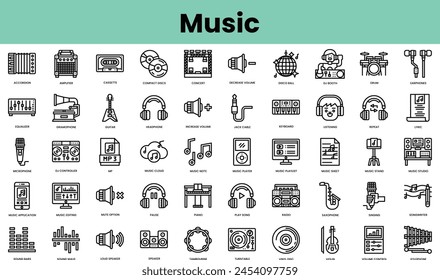 Conjunto de iconos de música. Paquete de iconos de estilo lineal. Ilustración vectorial