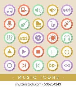 Set of Music Icons on Circular Colored Buttons. Vector Isolated Elements.