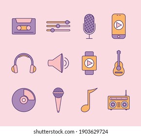 Set Of Music Icons On A Pink Background Vector Illustration Design