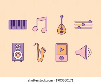 set of music icons on a yellow background vector illustration design