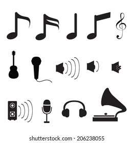 Set of music icons in simple vector style for multimedia designs.