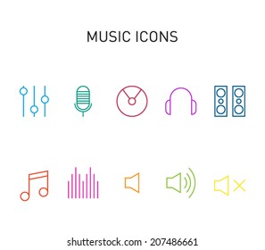 Set of music icons for smartphones, tablets, devices, user interface, applications. Equalizer, cd,  note, volume, headphones, microphone, speakers. Clean and modern style design